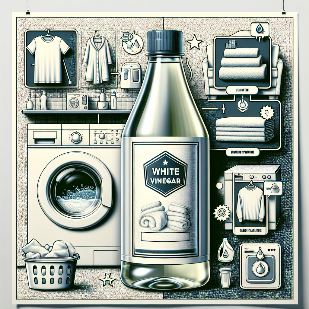 Une bouteille de vinaigre blanc à côté d'une machine à laver. Les serviettes sont douces et moelleuses, et des vêtements avec des symboles indiquant l'élimination des mauvaises odeurs.