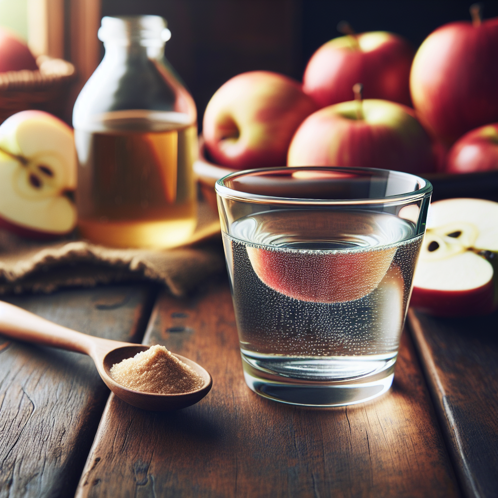 Un verre d'eau avec une cuillère à soupe de vinaigre de cidre sur une table en bois rustique, avec des pommes fraîches et une bouteille de vinaigre de cidre en arrière-plan dans une cuisine chaleureuse.