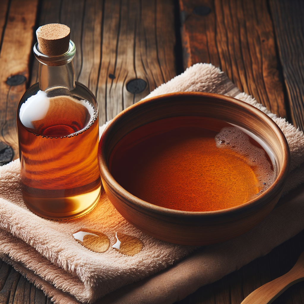 Une bouteille de vinaigre de cidre à côté d'un bol d'eau tiède, avec une serviette trempant dans le mélange, posé sur une table en bois.