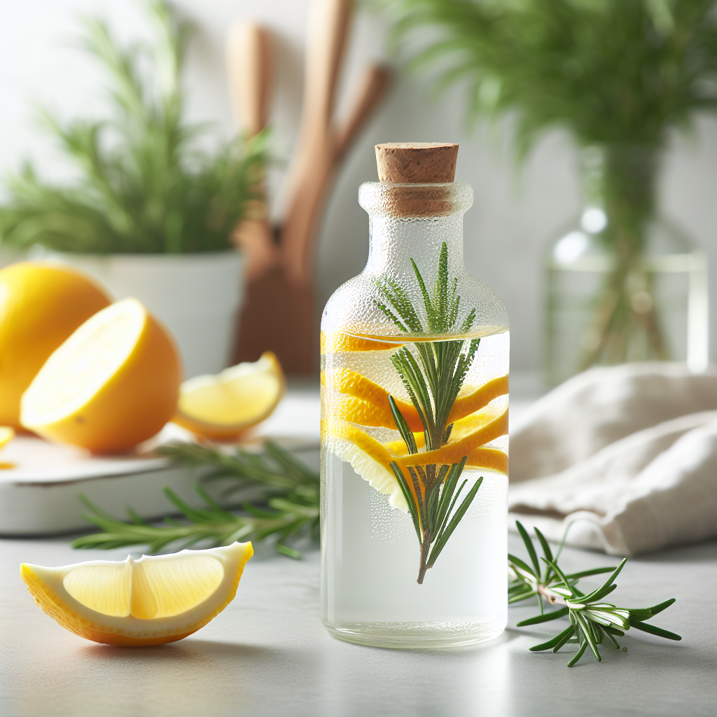 Bouteille de vinaigre blanc avec des écorces d'agrumes et des branches de romarin sur un comptoir de cuisine.