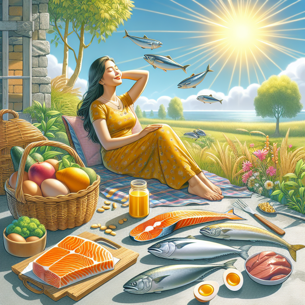 Une personne profitant du soleil, entourée d'aliments riches en vitamine D comme du saumon, du maquereau, des sardines, des jaunes d'œufs et du foie de veau