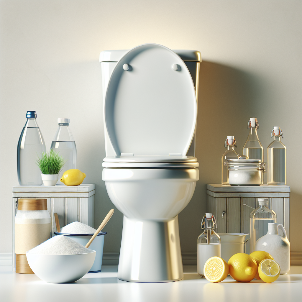 Toilettes propres et écologiques avec des produits de nettoyage naturels comme le vinaigre, le bicarbonate de soude et les citrons.