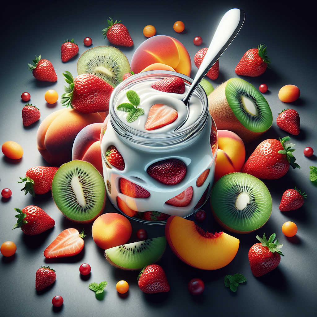 Un pot de yaourt nature avec une cuillère, accompagné de fruits colorés. Le yaourt et les fruits sont mis en avant pour illustrer la santé et la fraîcheur.