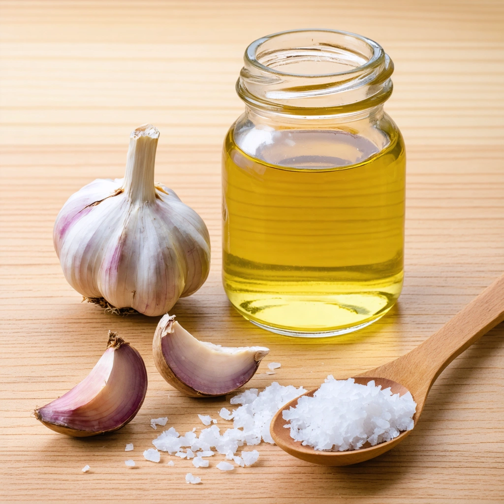 Un mélange d'ail écrasé et d'huile de coco sur une surface en bois