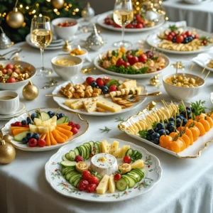 Un assortiment festif d'amuse-bouches de Noël avec des légumes colorés, du fromage, et des boissons pétillantes dans un décor chaleureux.