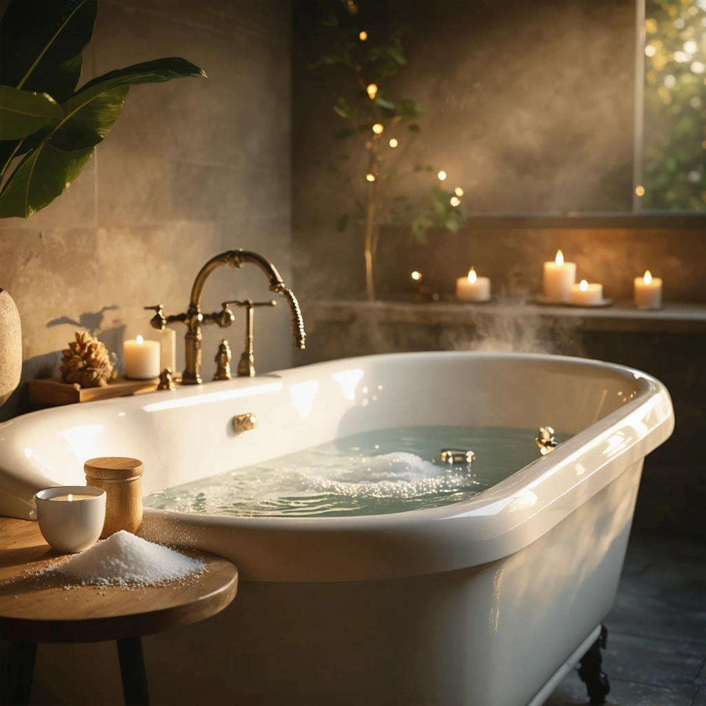 Une salle de bain élégante avec une baignoire remplie d'eau, accompagnée d'une tasse de bicarbonate, créant une ambiance apaisante et rafraîchissante.