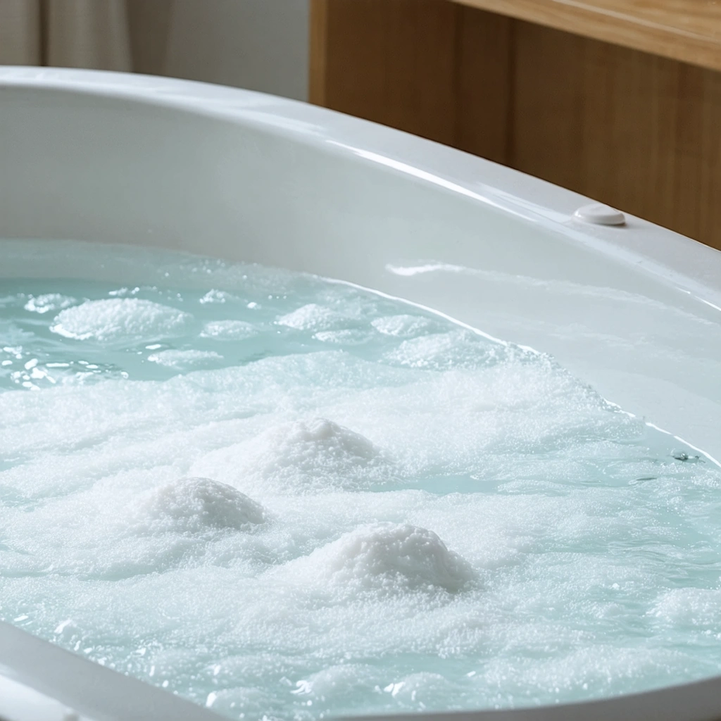 Un bain rempli d'eau tiède avec du bicarbonate de soude en train de se dissoudre, créant une atmosphère relaxante et apaisante.