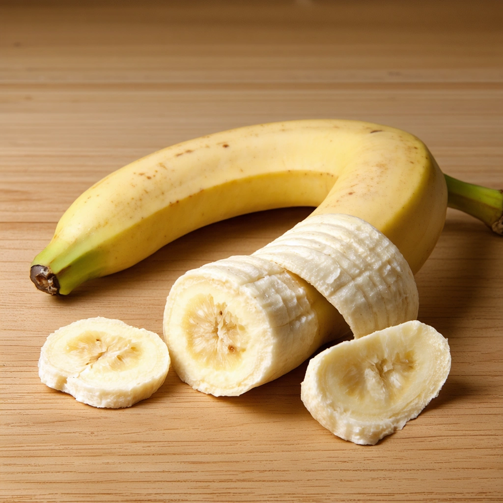 Banane moyenne depouillee de sa peau, posée sur une table en bois, montrant le fruit entier et sa peau séparés.