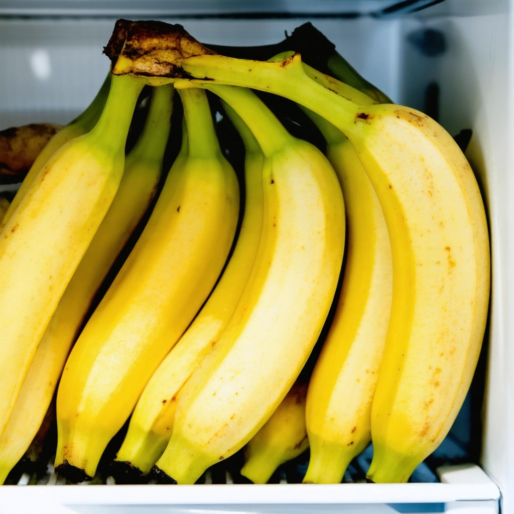 Des bananes mûres, certaines légèrement brunies, placées dans un réfrigérateur, symbolisant la conservation par le froid.