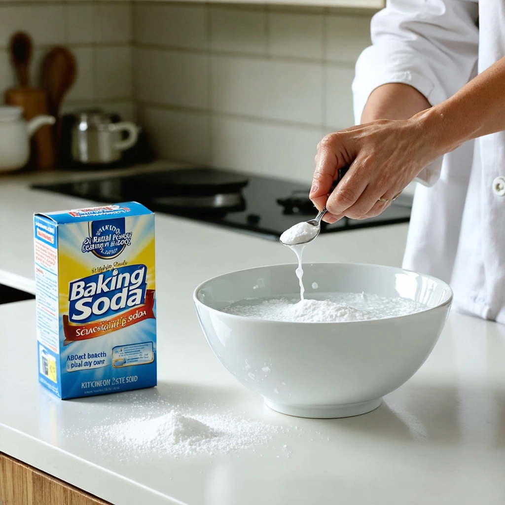 Une scène de cuisine avec une boîte de bicarbonate de soude sur le plan de travail à côté d'un bol d'eau chaude, une personne mélange, avec une cuillère, du bicarbonate dans l'eau pour préparer une solution saline.