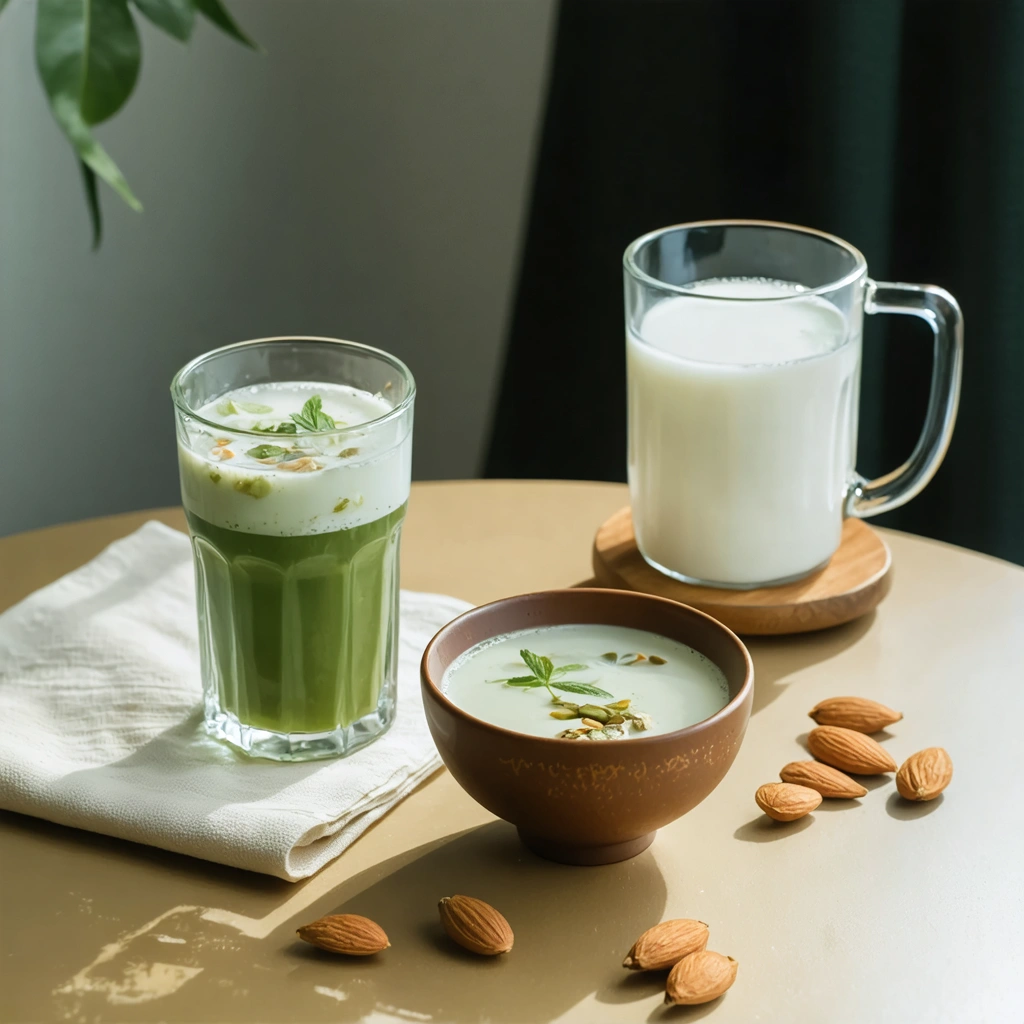 Un assortiment de boissons apaisantes comprenant des infusions, un verre d'eau et une tasse de lait d'amande sur une serviette dans une ambiance chaleureuse.