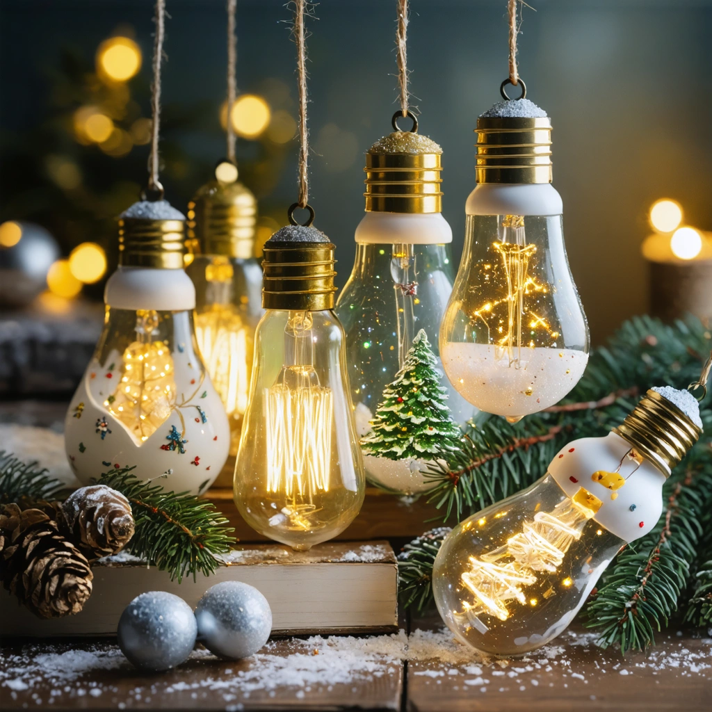 Boules de Noël faites maison à partir d'ampoules recyclées, décorées avec de la peinture et des paillettes, présentées dans un décor festif.