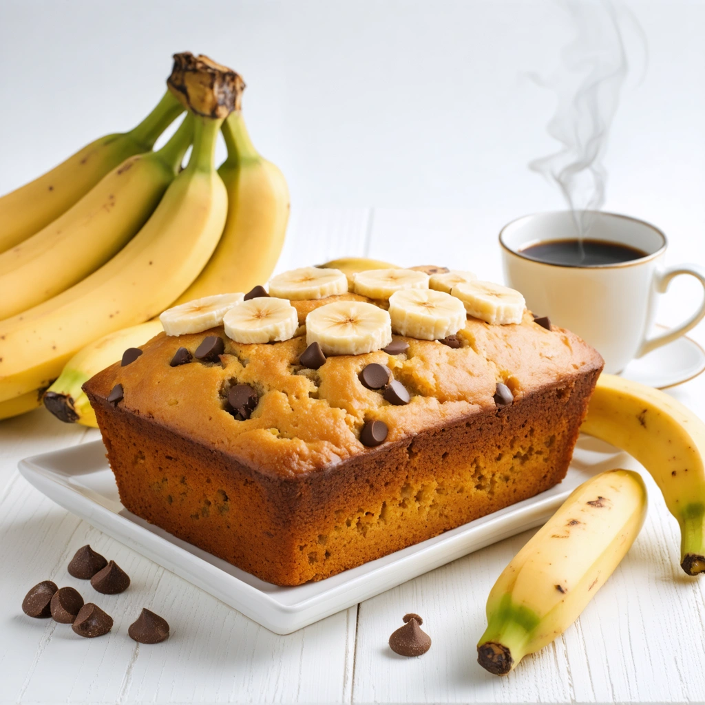 Un gâteau aux bananes maison, moelleux et irrésistible, avec des pépites de chocolat, posé à côté de bananes mûres et une tasse de café fumante.