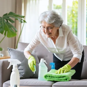 Grand-mère nettoyant un canapé en microfibre avec des produits maisons naturels dans un salon confortable.