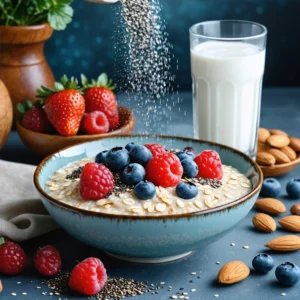 Graines de chia saupoudrées sur des flocons d'avoine avec des baies et des amandes