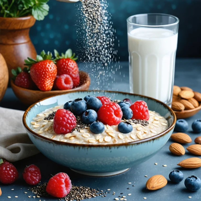 Graines de chia saupoudrées sur des flocons d'avoine avec des baies et des amandes