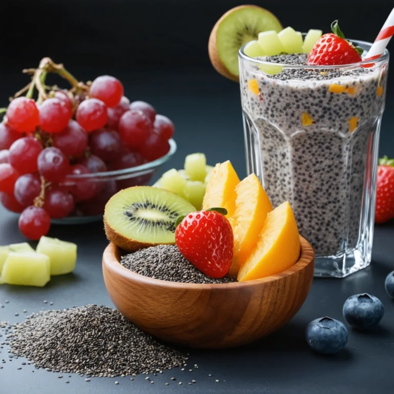 Graines de chia dans un bol en bois, accompagnées de fruits frais et d'un verre de pudding de chia en arrière-plan.