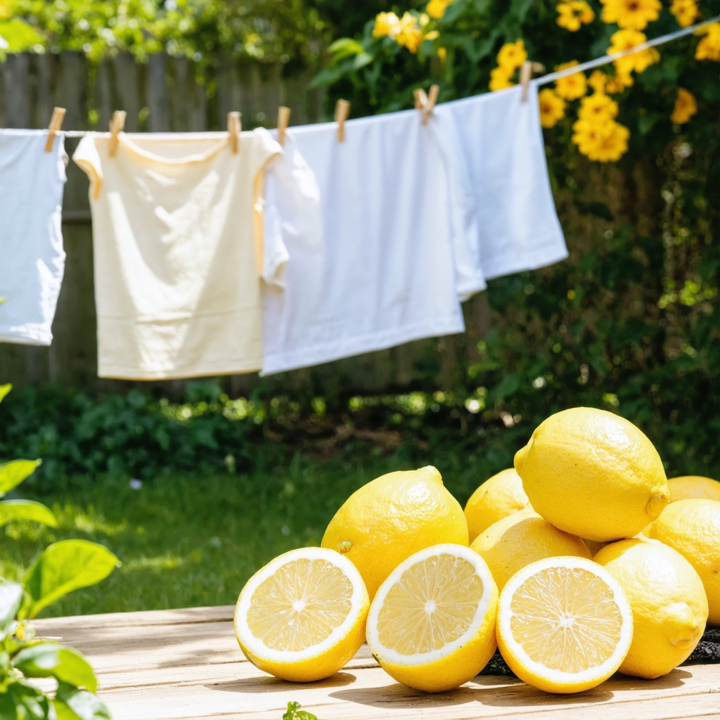 Linge éclatant suspendu dans un jardin ensoleillé avec des citrons frais au premier plan, exprimant une sensation de fraîcheur naturelle et de propreté.