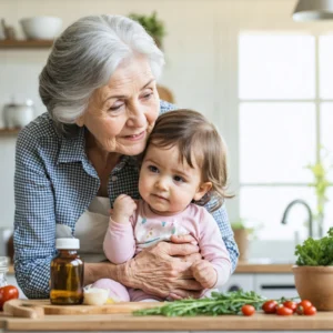 Une grand-mère réconfortant un tout-petit avec des remèdes naturels sur la table.
