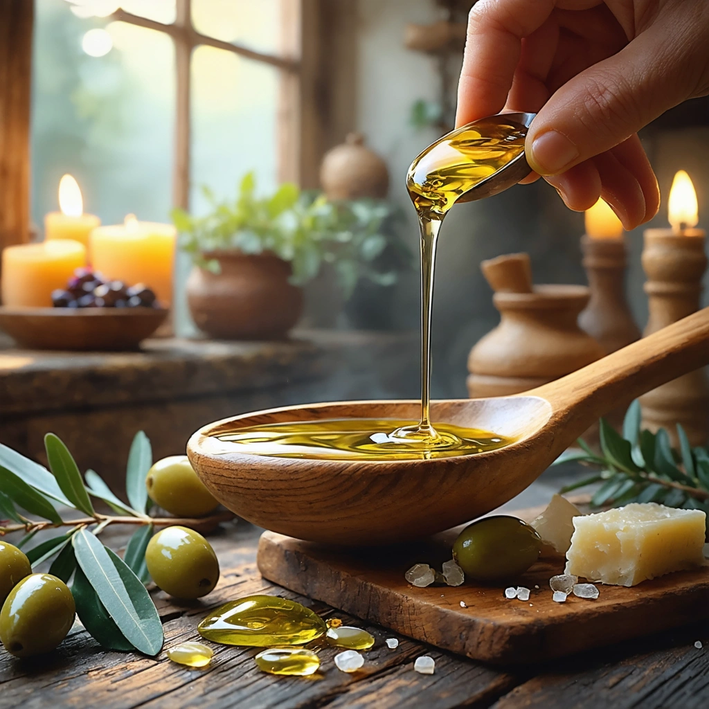 Scène de cuisine avec une cuillère contenant de l'huile d'olive à côté d'une oreille, suggérant un soin auditif dans un cadre apaisant.