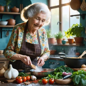 Une grand-mère cuisinant avec amour dans une cuisine chaleureuse, entourée d'ingrédients frais et d'épices colorées.