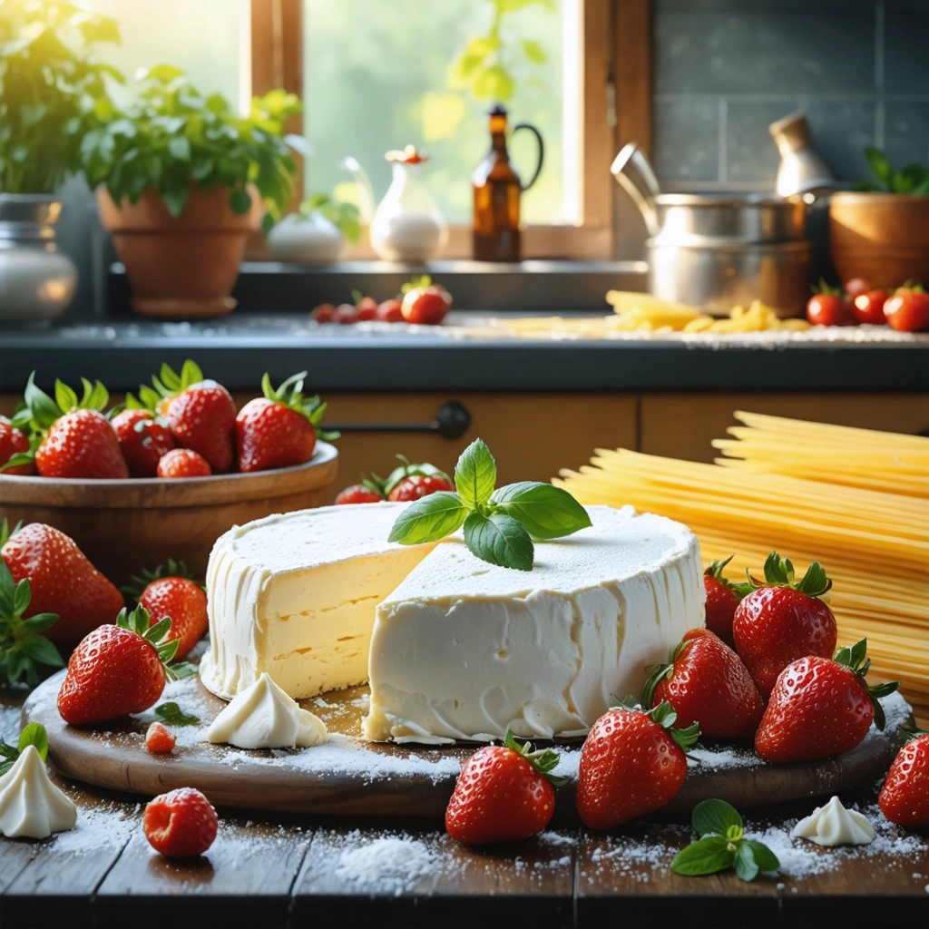 Cuisine italienne mettant en avant du mascarpone avec des fraises fraîches, des pâtes et de la crème, dans une ambiance chaleureuse et lumineuse.