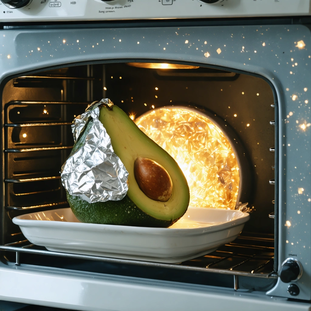 Cuisine magique avec un four ouvert, avocats enveloppés dans du papier aluminium à l'intérieur, dégageant une lueur enchantée