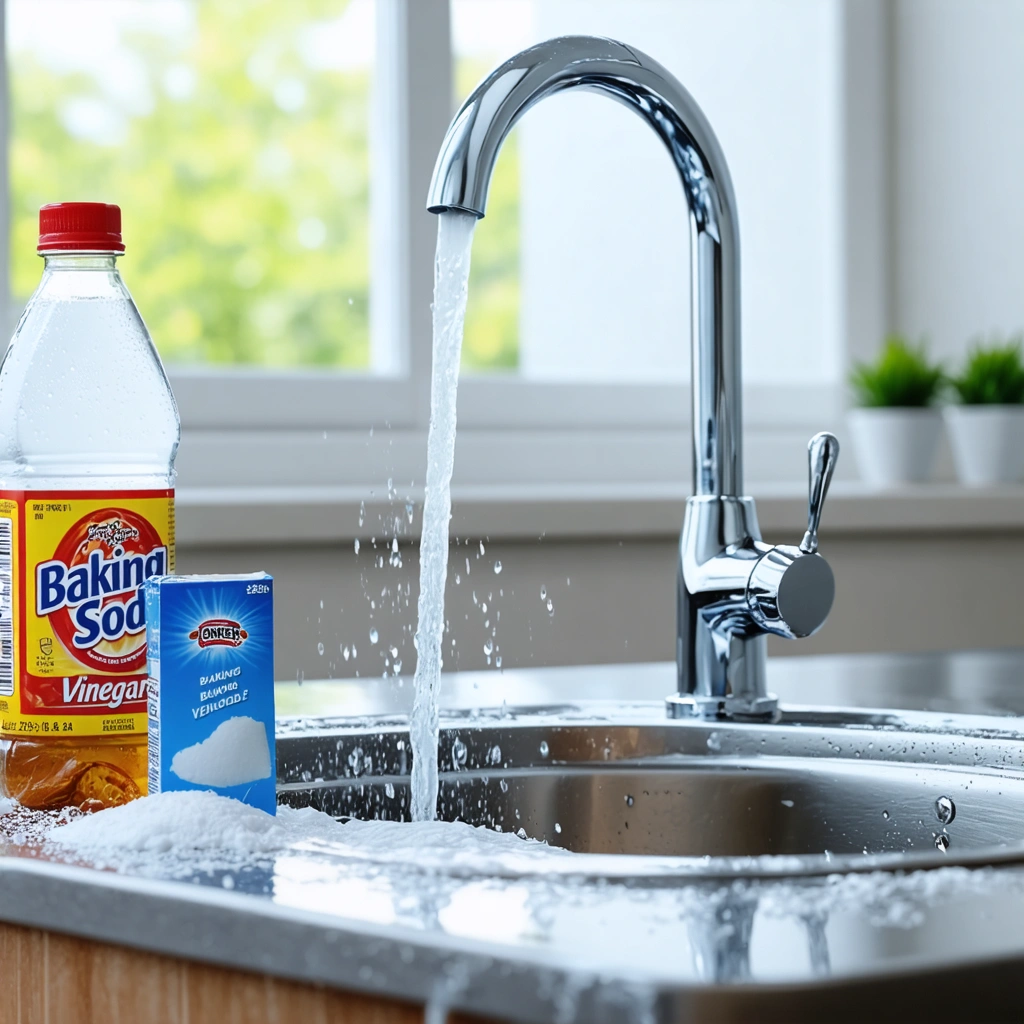 Un évier de cuisine étincelant de propreté avec un paquet de bicarbonate de soude et une bouteille de vinaigre à côté, illustrant l'efficacité du nettoyage.