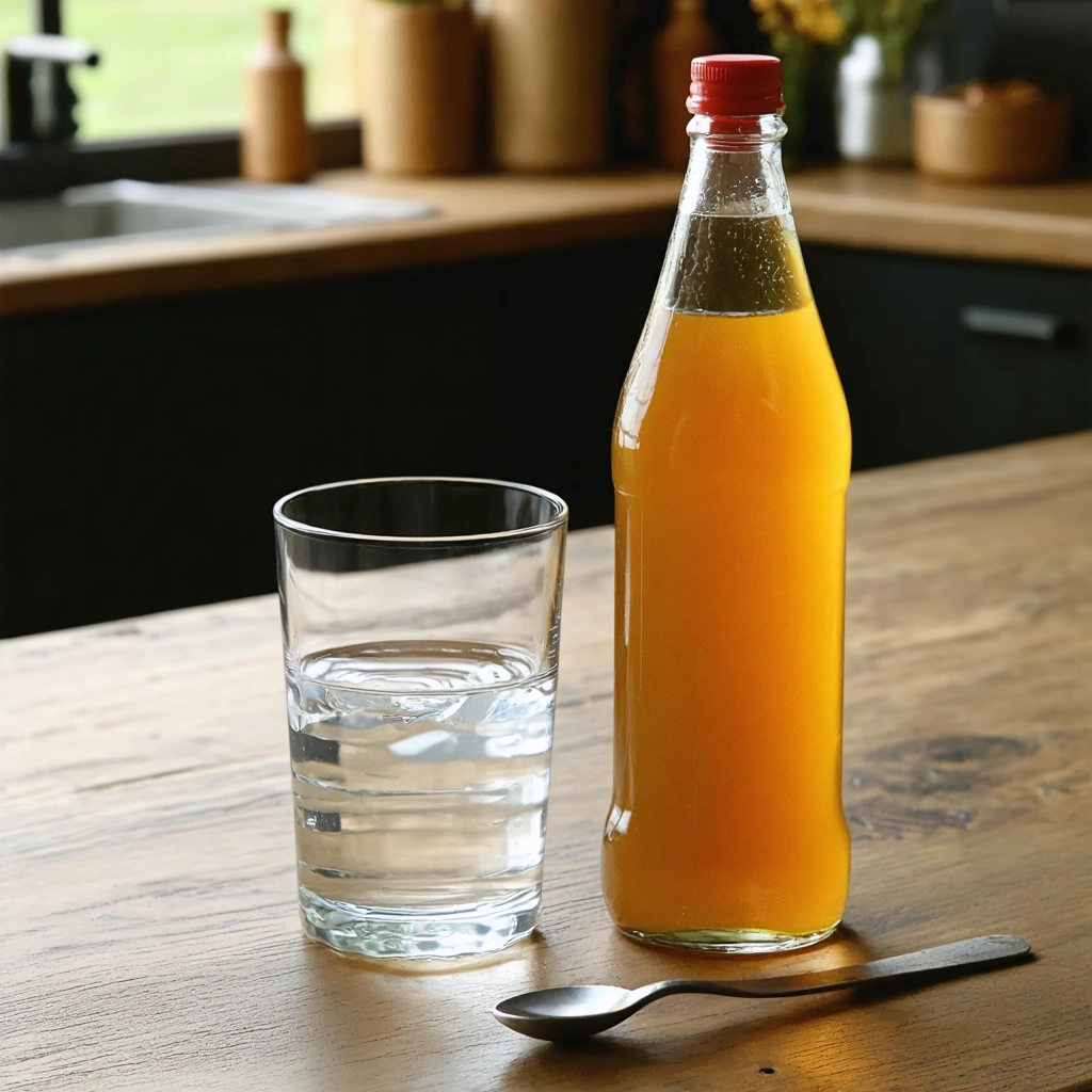 Table de cuisine rustique avec un verre d'eau et une bouteille de vinaigre de cidre, prêt à être mélangé, suggérant un remède maison traditionnel.