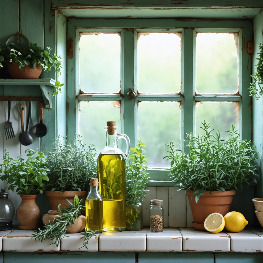 Une cuisine ancienne avec des herbes, du vinaigre, de la moutarde, des citrons et de l'huile de romarin, créant une atmosphère conviviale.