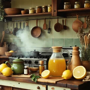 Cuisine ancienne avec remèdes naturels comme miel et citron sur le comptoir, créant une ambiance chaleureuse.