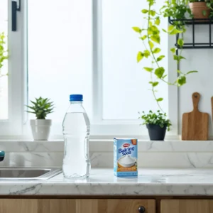 Une cuisine propre avec du vinaigre blanc et du bicarbonate de soude sur le comptoir.