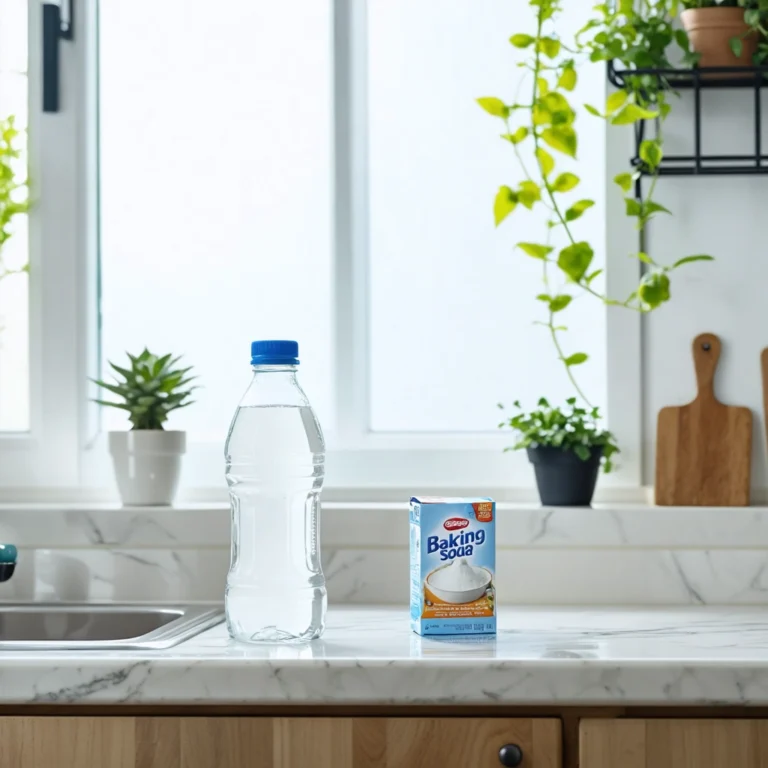 Une cuisine propre avec du vinaigre blanc et du bicarbonate de soude sur le comptoir.