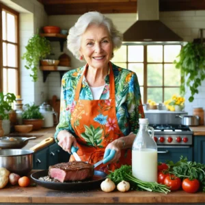 Une cuisine chaleureuse avec une femme âgée en tablier préparant un repas avec du vinaigre blanc.