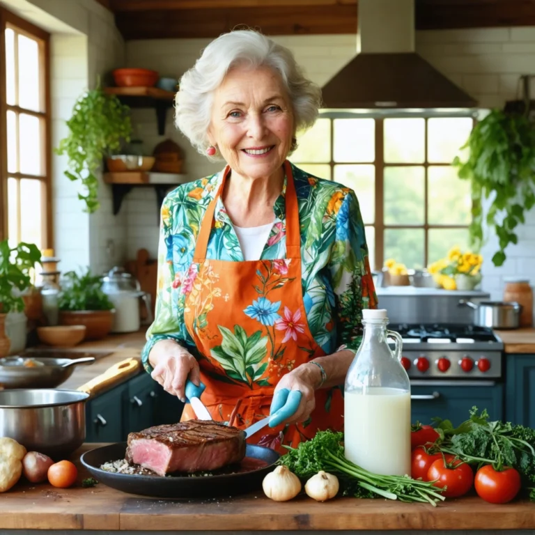 Une cuisine chaleureuse avec une femme âgée en tablier préparant un repas avec du vinaigre blanc.
