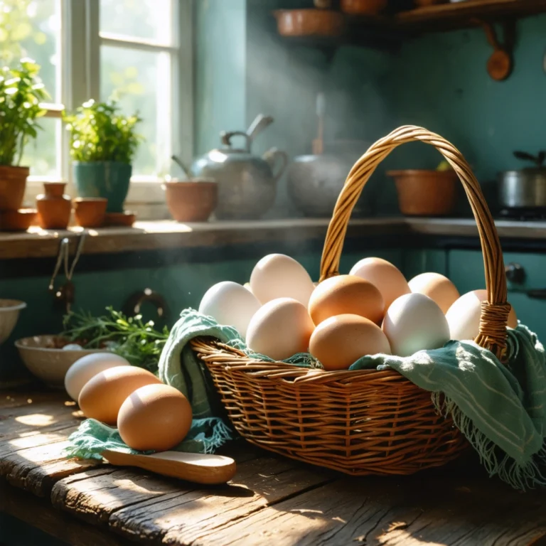 Un panier d'œufs dans une cuisine vintage ensoleillée sur une table en bois.