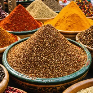 Un stand de marché coloré avec des graines de cumin et d'autres épices exposées dans un cadre agréable de type marché oriental.