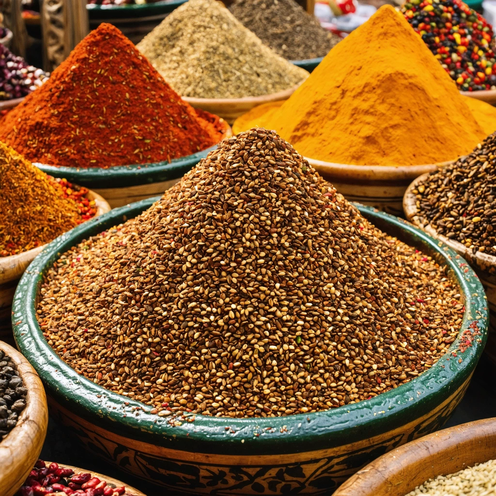 Un stand de marché coloré avec des graines de cumin et d'autres épices exposées dans un cadre agréable de type marché oriental.