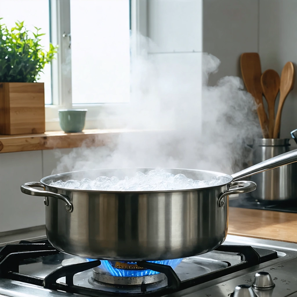 Une casserole d'eau bouillante sur une cuisinière dans une cuisine chaleureuse, avec de la vapeur qui s'élève.