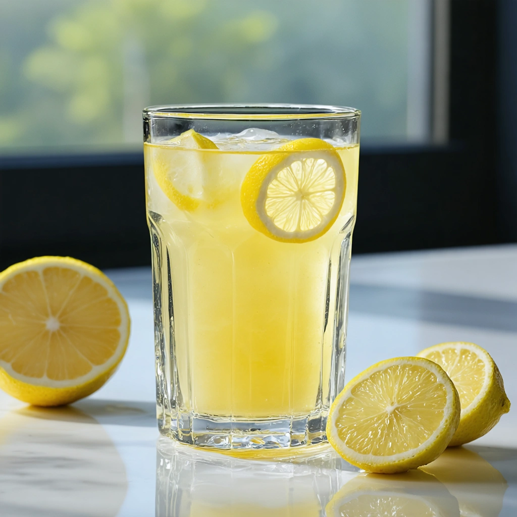 Un verre d'eau tiède avec du jus de citron fraîchement pressé, accompagné de quelques tranches de citron, évoquant une ambiance de bien-être et de santé naturelle.