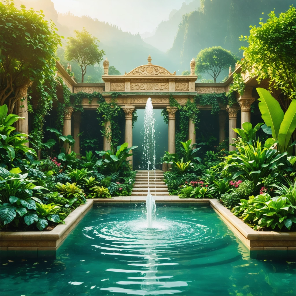 Un jardin luxuriant et vivant rappelant les Jardins de Babylone, avec des plantes et légumes robustes et sains autour d'une fontaine d'eau élégante, créant une atmosphère mystique.
