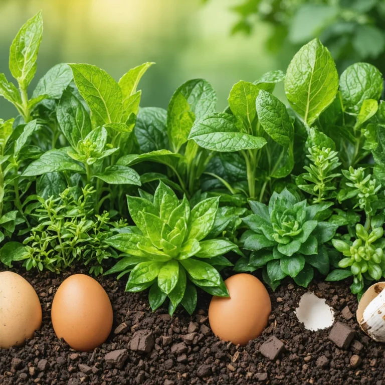 Un jardin verdoyant et luxuriant avec diverses plantes s'épanouissant sans engrais chimiques, entourées d'éléments naturels tels que marc de café, coquilles d'œuf et compost.