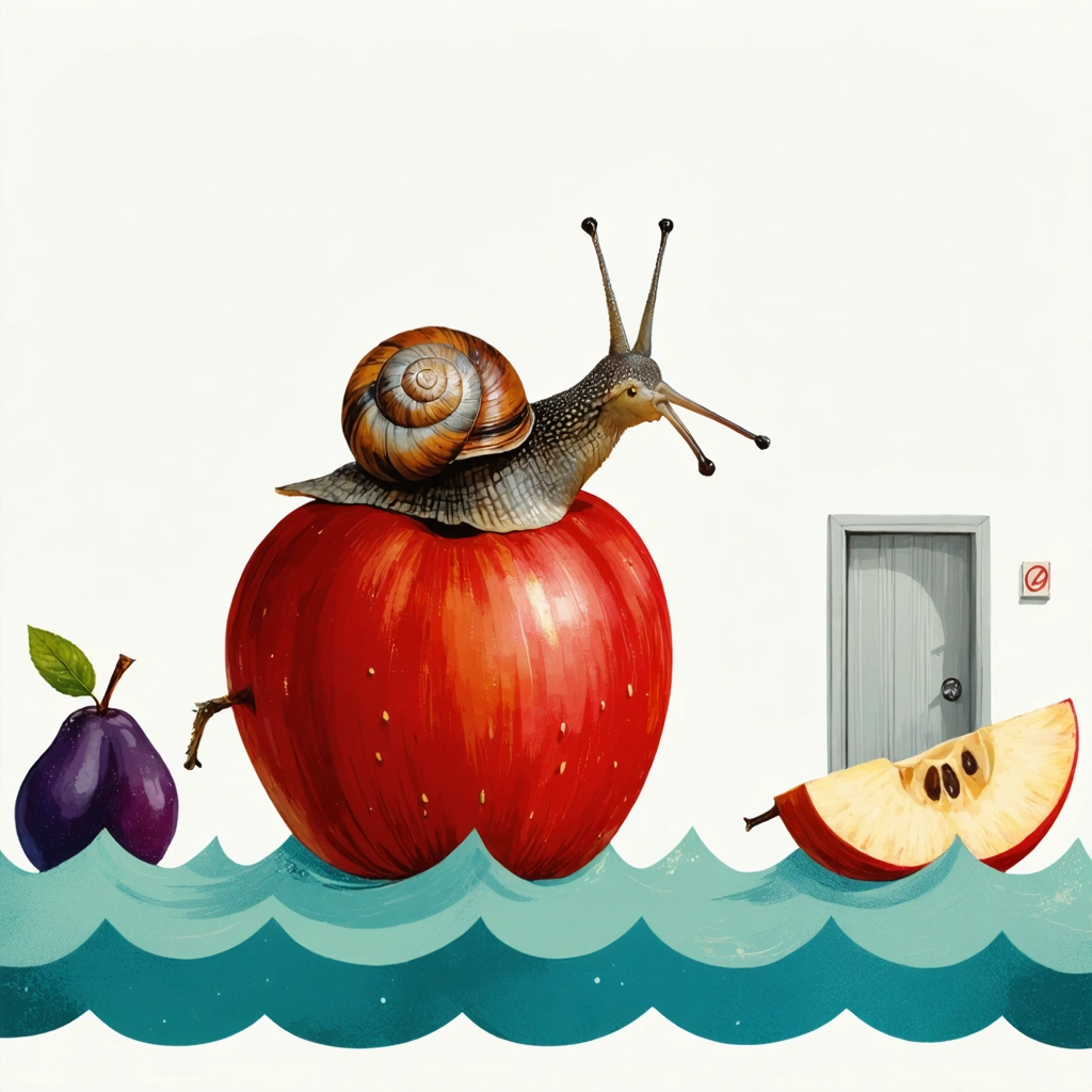 Illustration d'un escargot avec un sac à dos assis sur une pomme rouge naviguant vers une toilette, accompagnée d'une autre pomme coupée et de pruneaux.