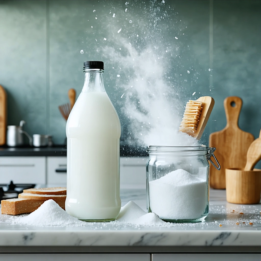 Scène dynamique dans une cuisine avec une bouteille de vinaigre blanc et du bicarbonate de soude, symbolisant leur efficacité dans le ménage.