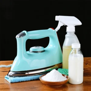 Un fer à repasser vintage à semelle brillante avec des produits d'entretien ménager sur une table en bois.