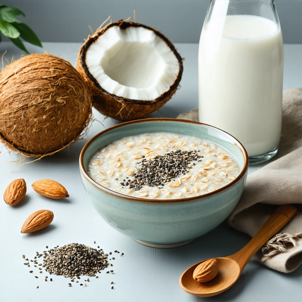 Bol de flocons d'avoine avec des graines de chia, accompagné de lait d'amande et de coco pour un petit-déjeuner sain.