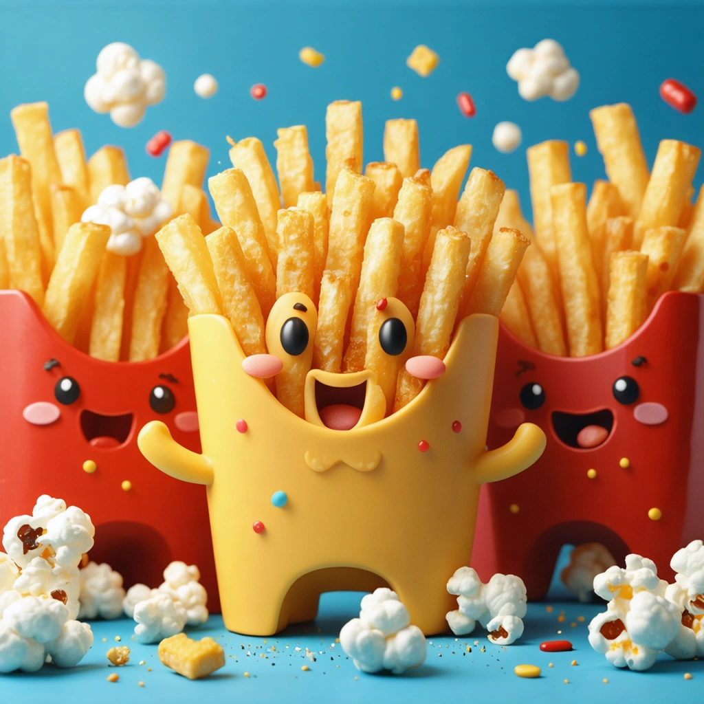 Illustration d'un groupe de frites et popcorn animés vivant une aventure amusante dans un environnement coloré et vibrant.