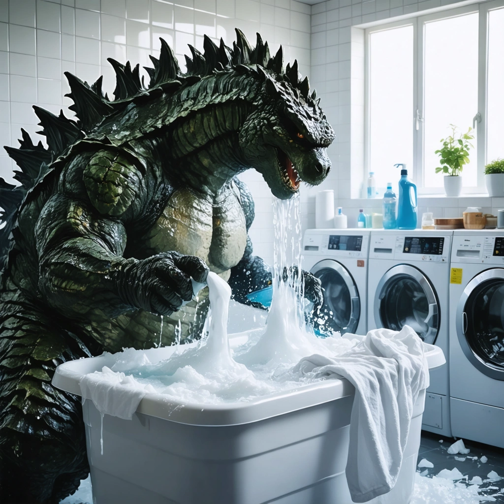Godzilla versant de la javel dans une bassine avec des vêtements blancs autour