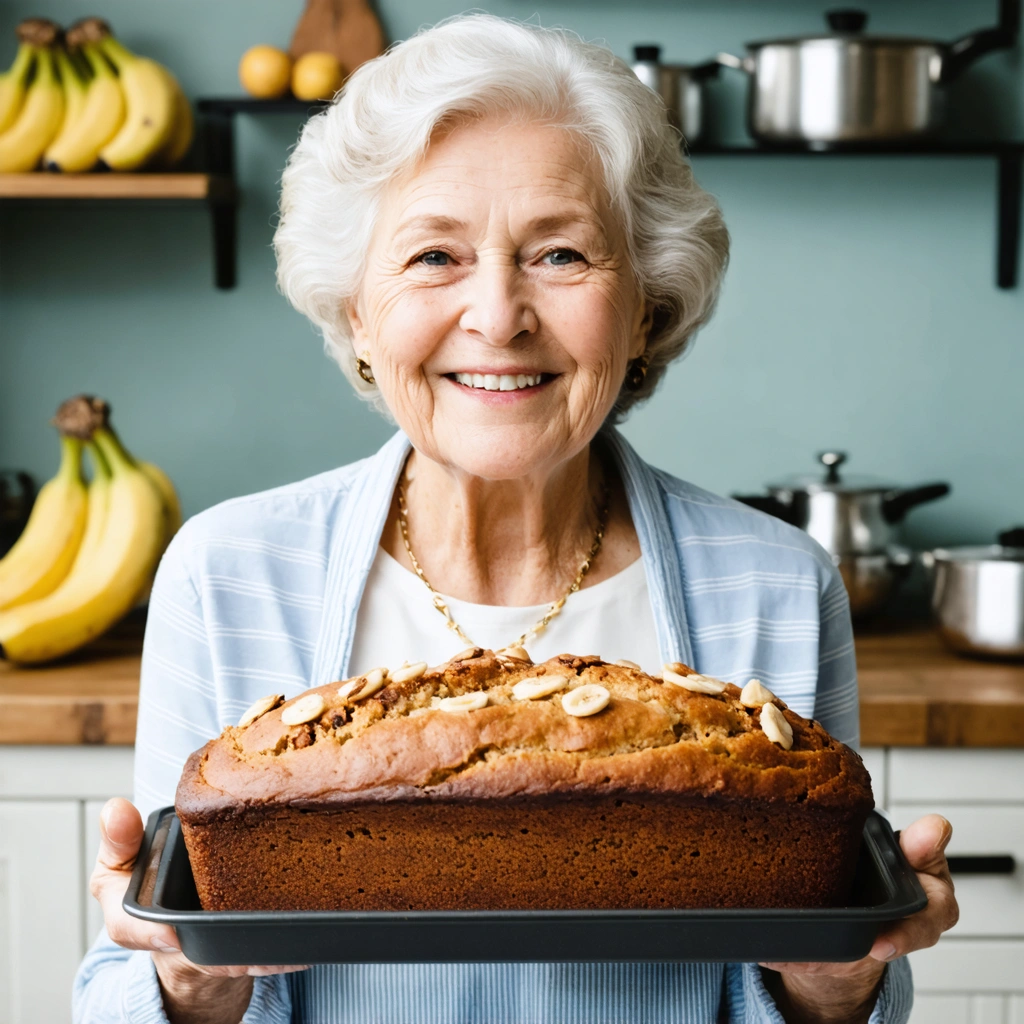 Une grand-mère souriante dans sa cuisine tenant un plat de pain aux bananes fraîchement cuit avec des bananes mûres et des noix en arrière-plan.