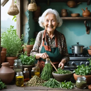 Une grand-mère préparant des remèdes traditionnels dans une cuisine chaleureuse